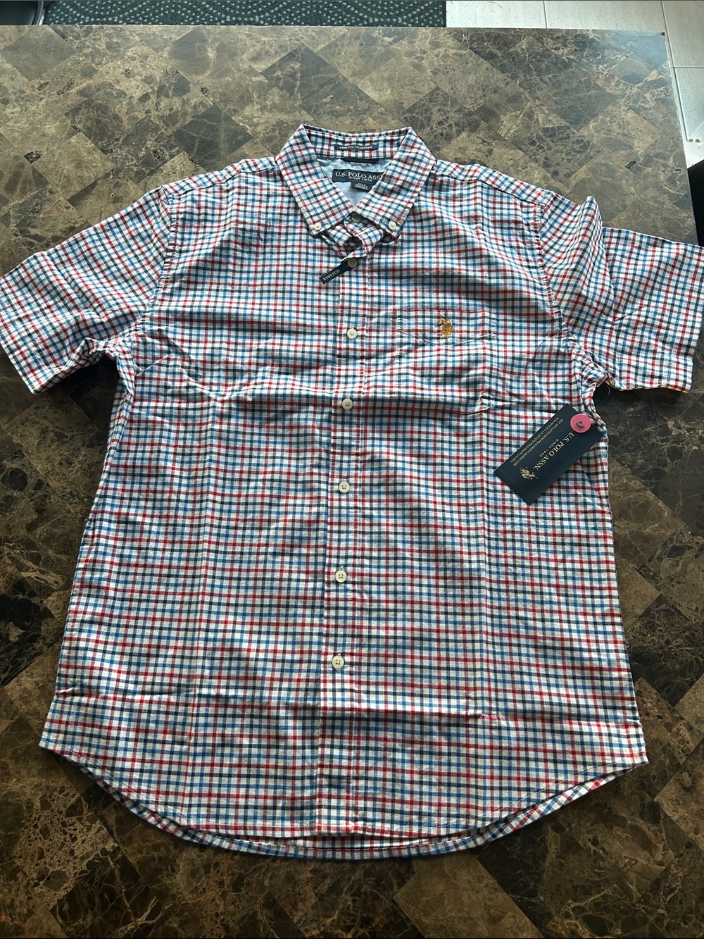 NWT 🆕 U.S. Polo Assn. Red, Blue & White Check Short-Sleeve Button-Up Shirt